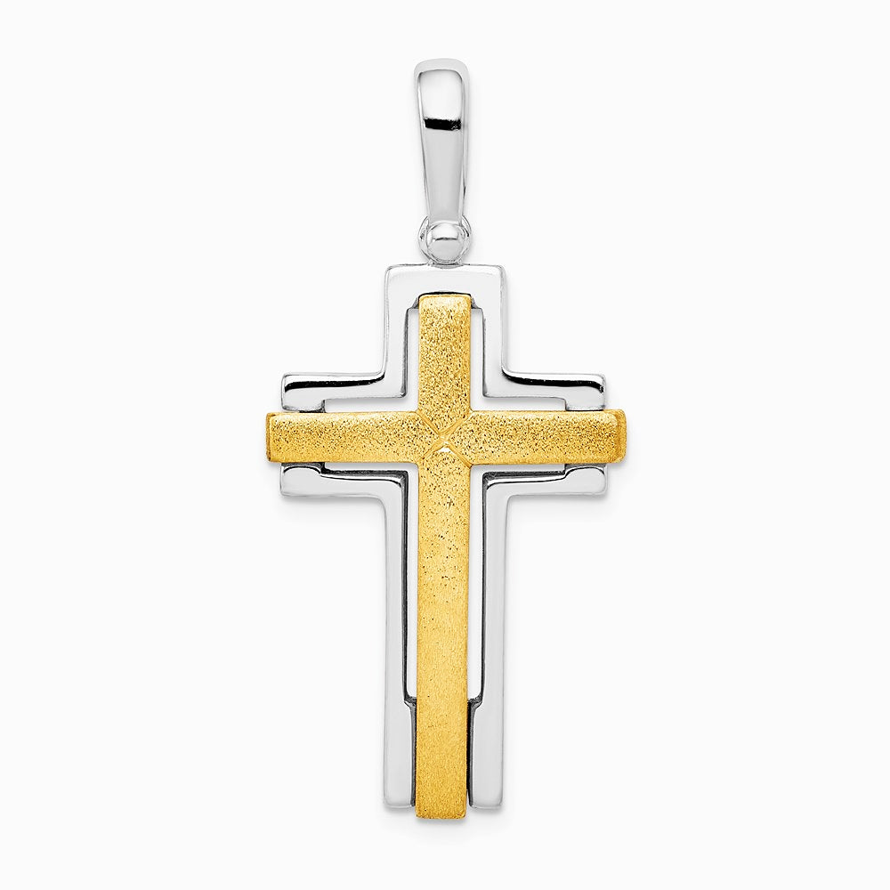 Sterling Silver Rhodium-plated & Gold-tone Brshd/Polished Cross Pendant - Product Photo