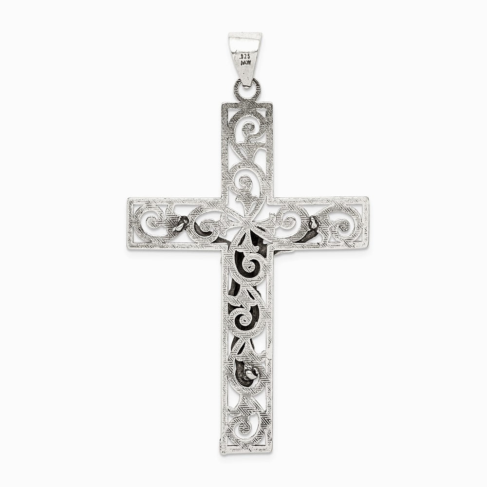 Sterling Silver Antiqued Beaded Filigree Crucifix Pendant - Product Photo