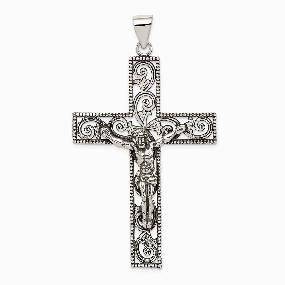 Sterling Silver Antiqued Beaded Filigree Crucifix Pendant - Product Photo
