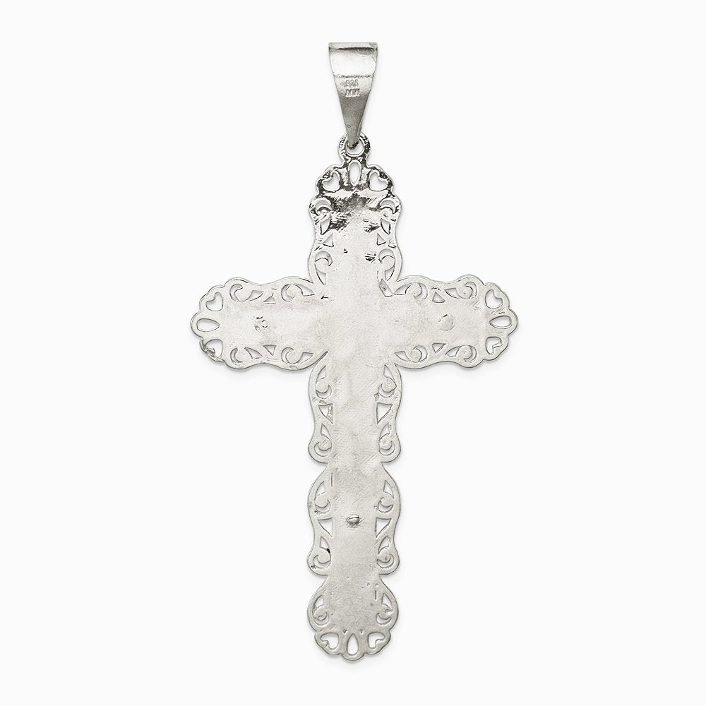 Sterling Silver Polished & Textured Large Floral Cross with Jesus Pendant - Product Photo