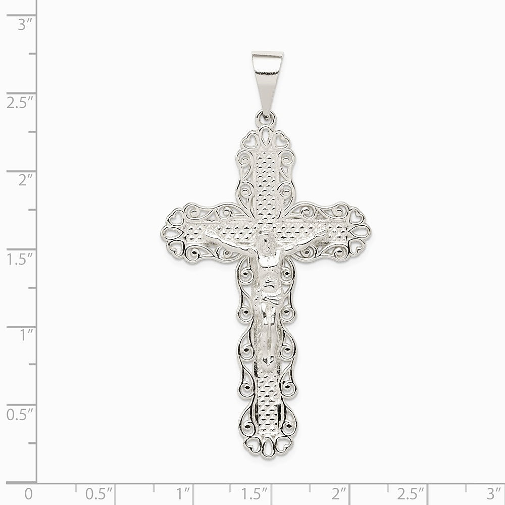 Sterling Silver Polished & Textured Large Floral Cross with Jesus Pendant - Product Photo