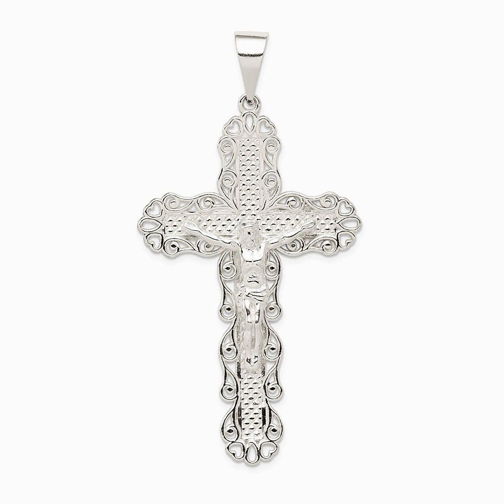 Sterling Silver Polished & Textured Large Floral Cross with Jesus Pendant - Product Photo