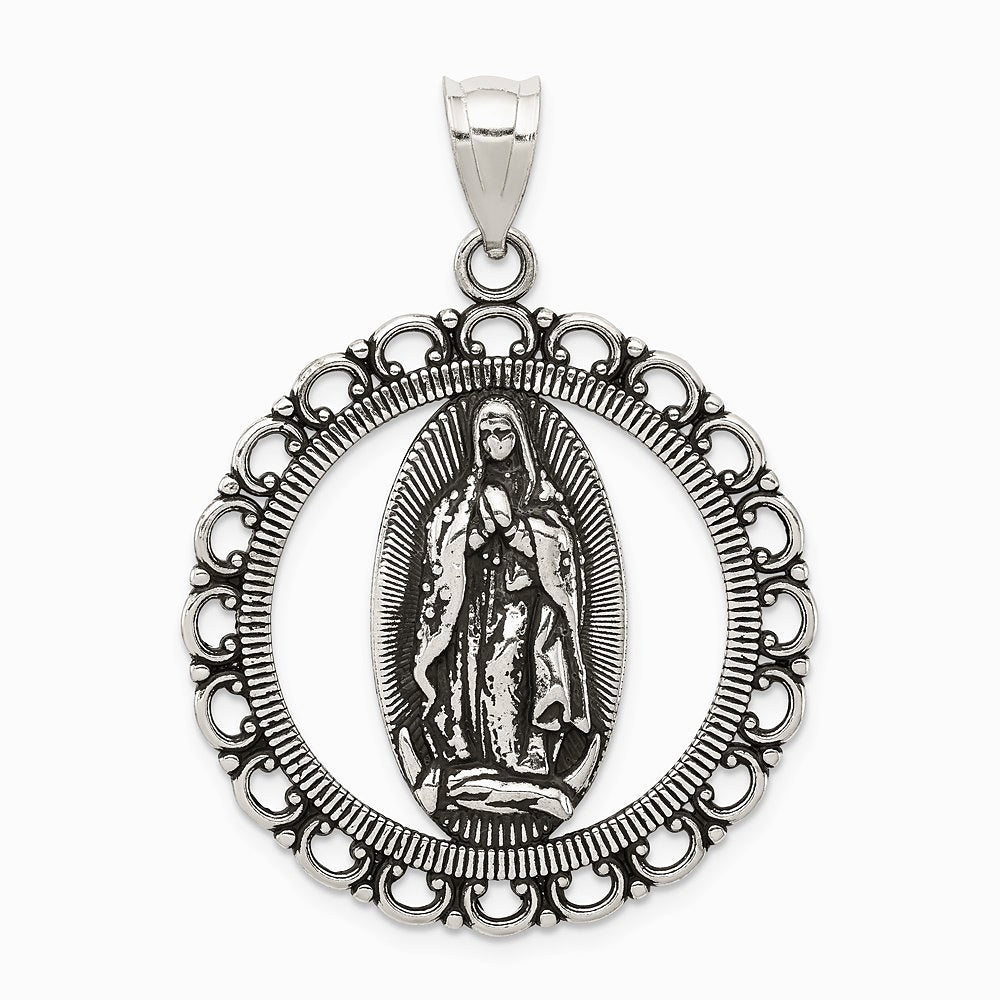 Sterling Silver Antiqued Religious Ruffled Circle Pendant