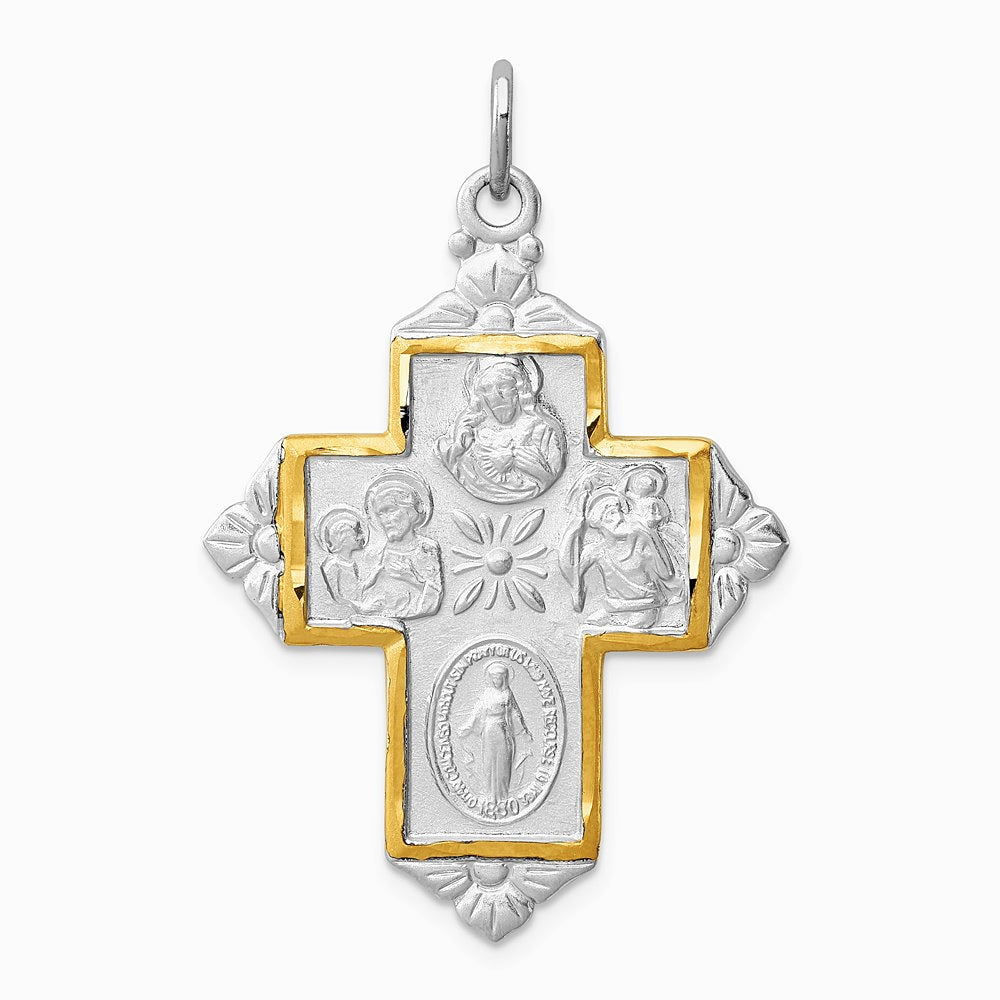 Sterling Silver Platinum-plated & Gold-tone 4-Way Medal Cross Pendant - Product Photo