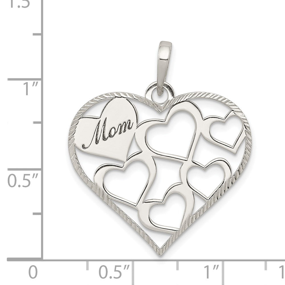Sterling Silver Polished & Textured 'Mom' Engraved Heart Pendant - Product Photo