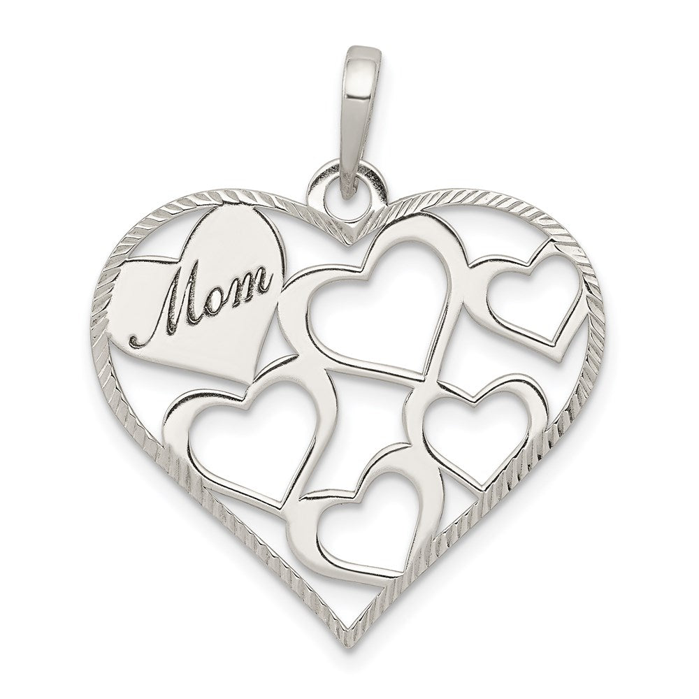 Sterling Silver Polished & Textured 'Mom' Engraved Heart Pendant - Product Photo