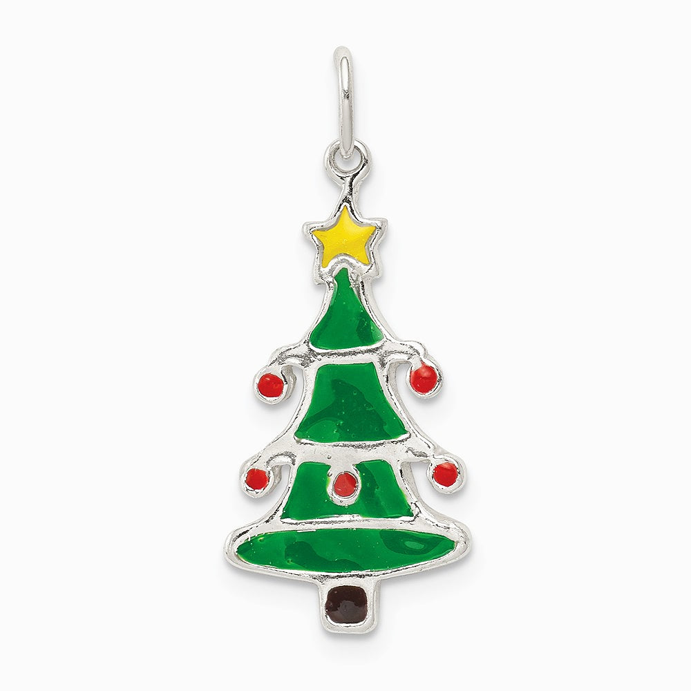 Sterling Silver Polished Enamel Christmas Tree Pendant