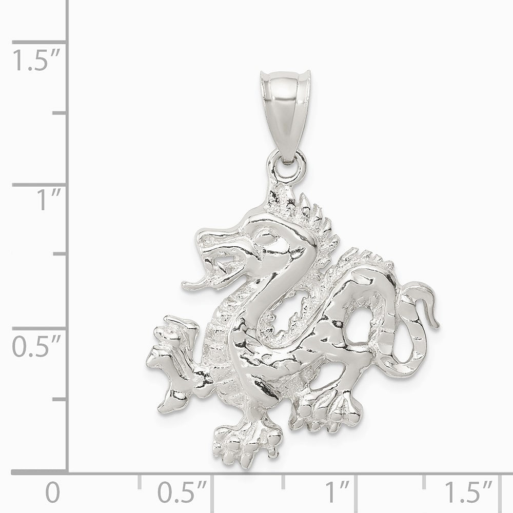 Sterling Silver Polished & Textured Chinese Dragon Pendant - Product Photo