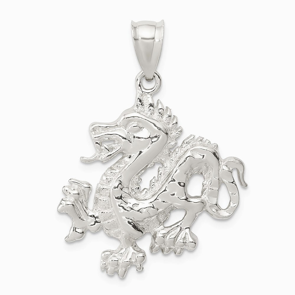 Sterling Silver Polished & Textured Chinese Dragon Pendant - Product Photo