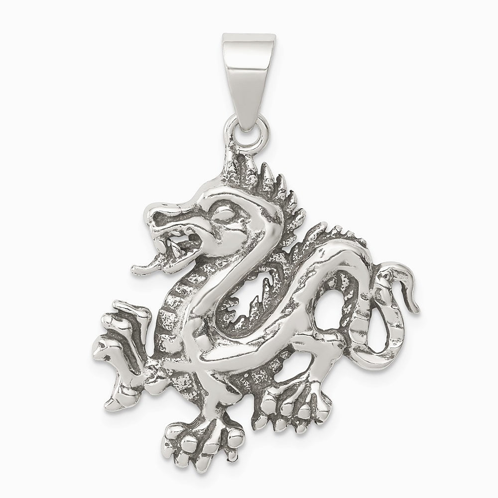 Sterling Silver Antiqued & Textured Chinese Dragon Pendant - Product Photo
