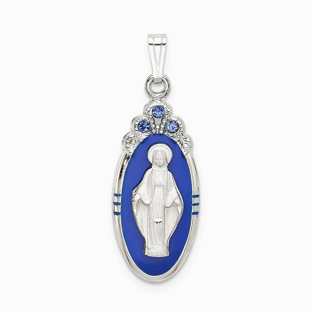 Sterling Silver Satin & Diamond-Cut Epoxy & Crystal Miraculous Medal Pendant - Product Photo