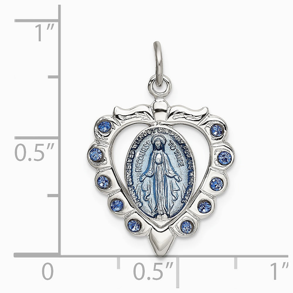 Sterling Silver Epoxy & Crystal Miraculous Medal Heart Pendant - Product Photo