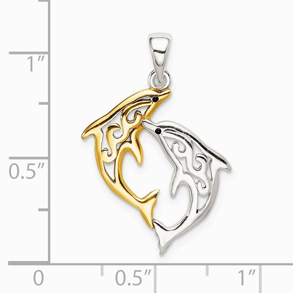 Sterling Silver & Gold-tone Enameled Filigree Dolphins Pendant - Product Photo