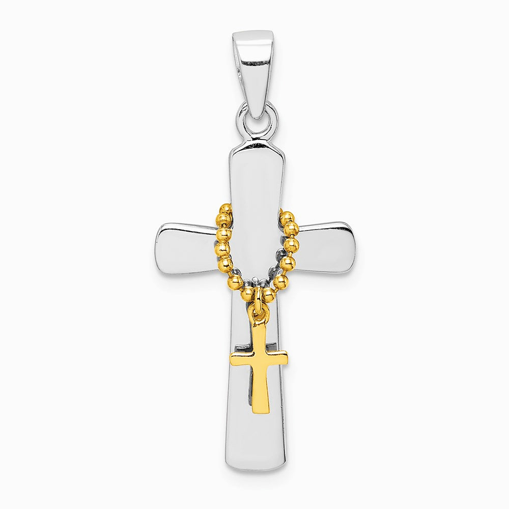 Sterling Silver Rhodium-plated Polished Gold-tone Double Cross Pendant - Product Photo