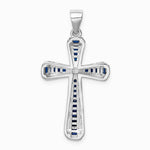Sterling Silver Rhodium-plated CZ & Lab Cr. Blue Spinel Cross Pendant - Product Photo