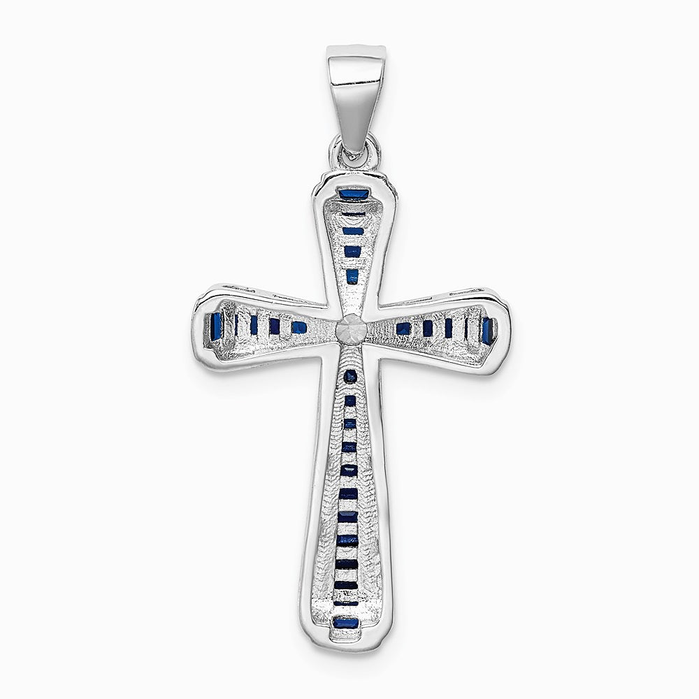 Sterling Silver Rhodium-plated CZ & Lab Cr. Blue Spinel Cross Pendant - Product Photo