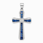 Sterling Silver Rhodium-plated CZ & Lab Cr. Blue Spinel Cross Pendant - Product Photo