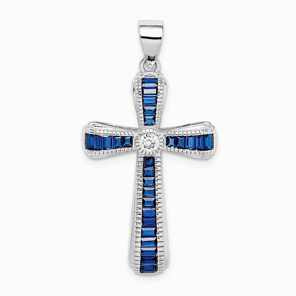 Sterling Silver Rhodium-plated CZ & Lab Cr. Blue Spinel Cross Pendant - Product Photo