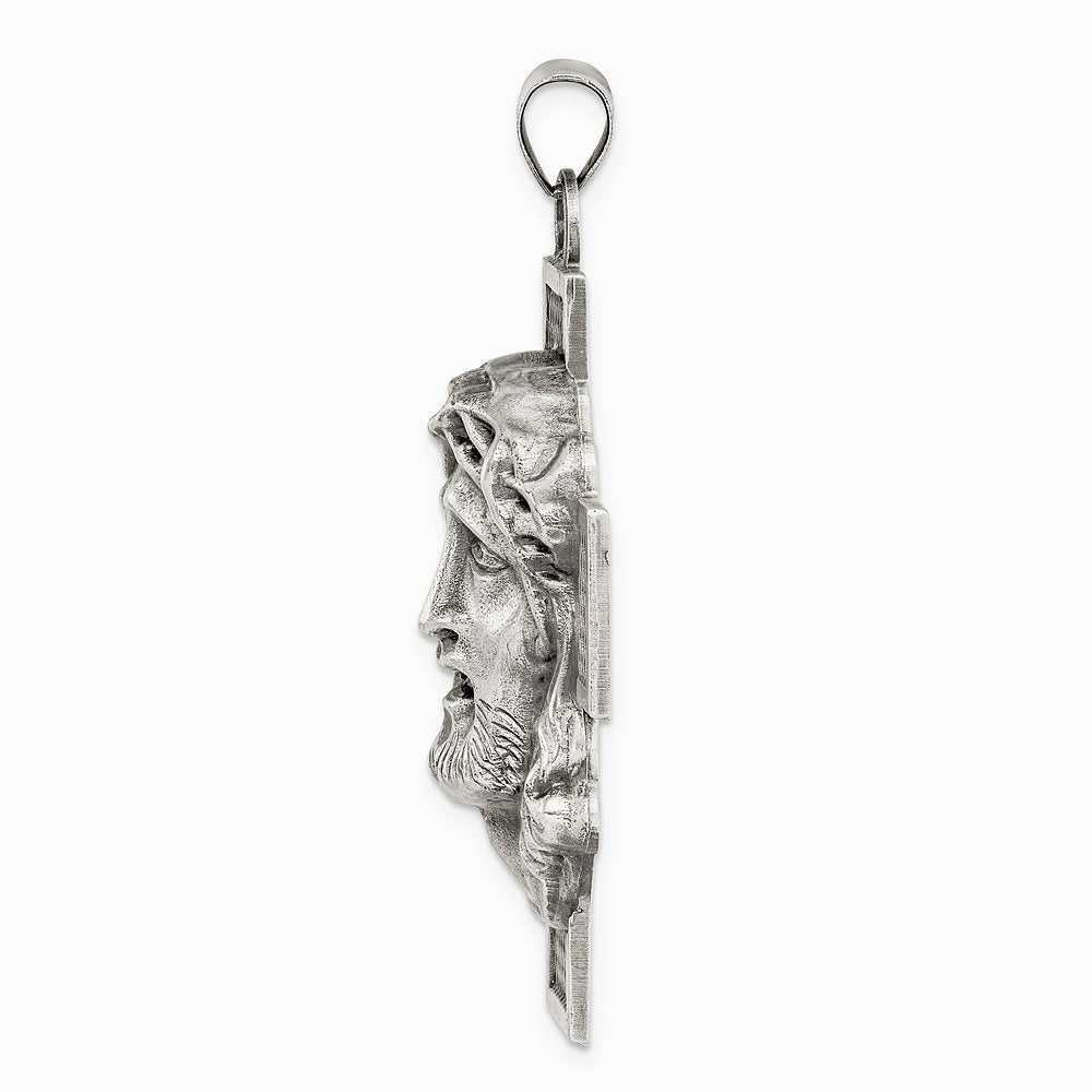 Sterling Silver Hollow Satin Antiqued Jesus Cross Medal - Product Photo