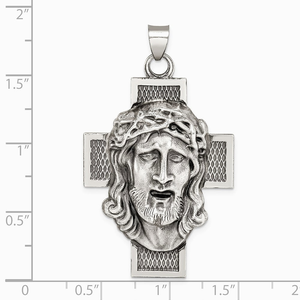 Sterling Silver Hollow Satin Antiqued Jesus Cross Medal - Product Photo
