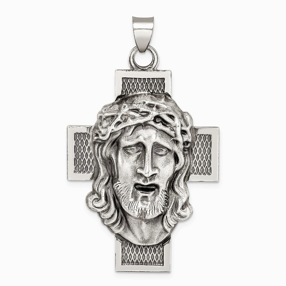 Sterling Silver Hollow Satin Antiqued Jesus Cross Medal - Product Photo