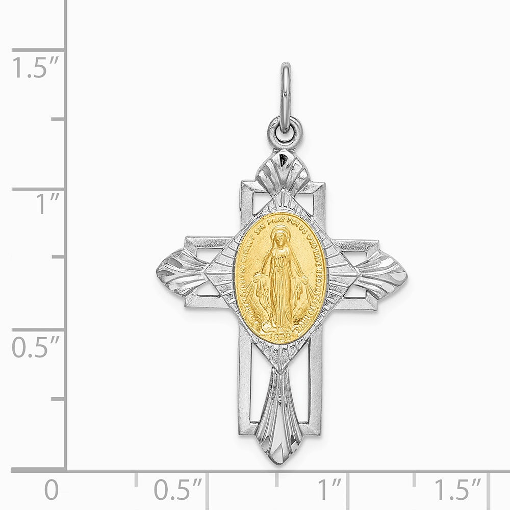 Sterling Silver Platinum-plated Gold-tone Miraculous Medal Cross Pendant - Product Photo