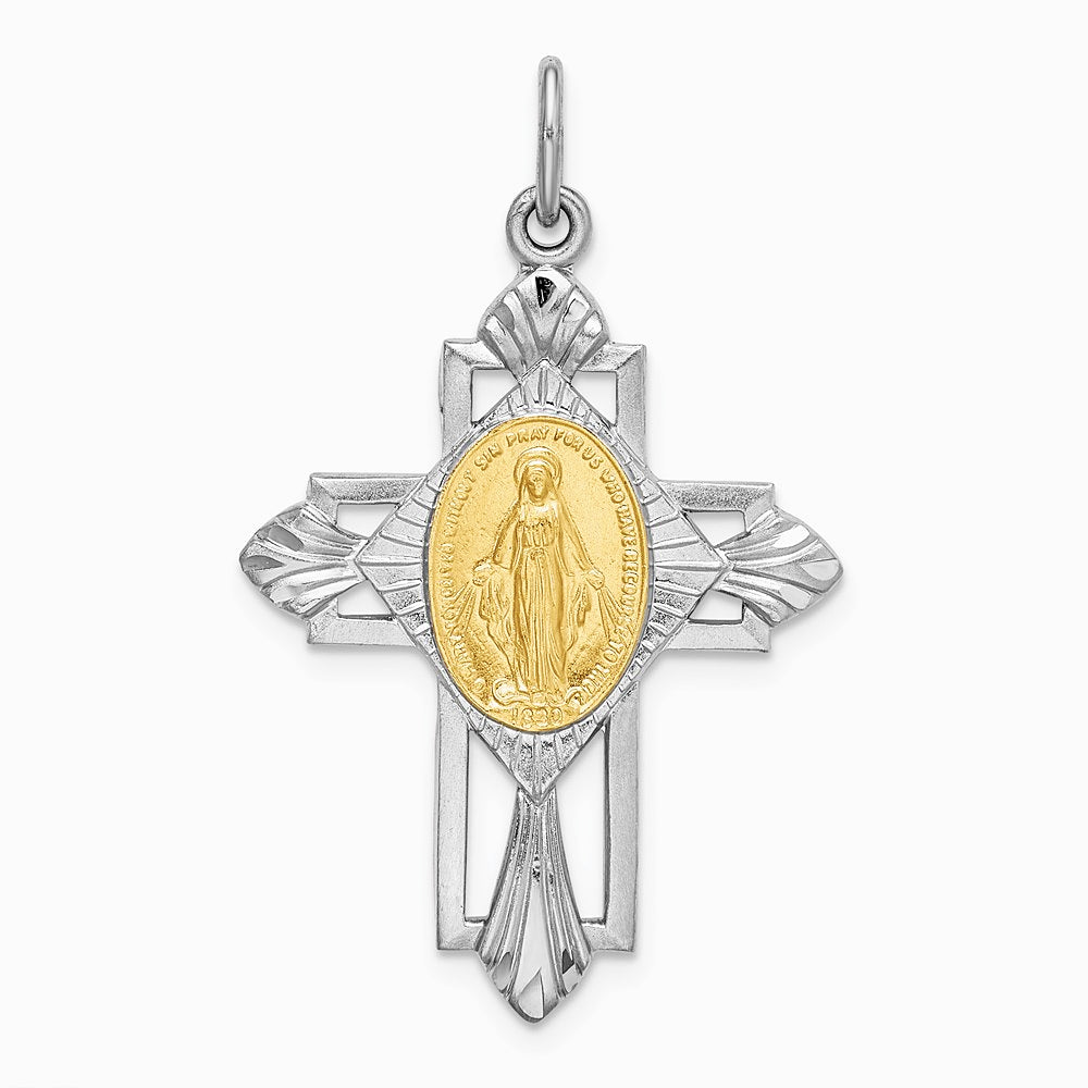 Sterling Silver Platinum-plated Gold-tone Miraculous Medal Cross Pendant - Product Photo