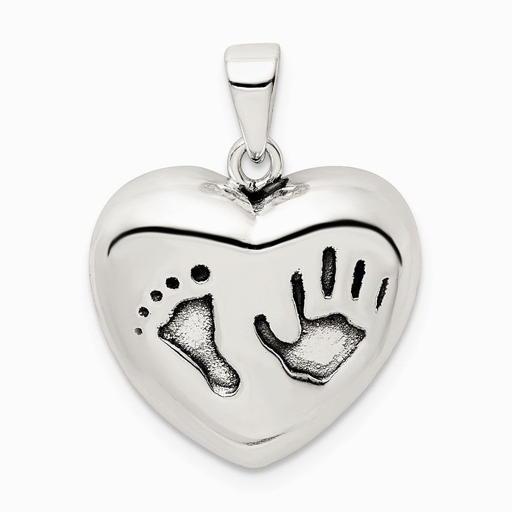 Sterling Silver Antiqued Heart Baby Foot Pendant - Product Photo