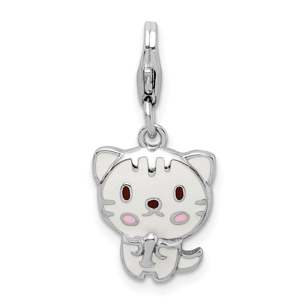 Sterling Silver Rhodium-plated Enameled Kitten with Lobster Clasp Charm