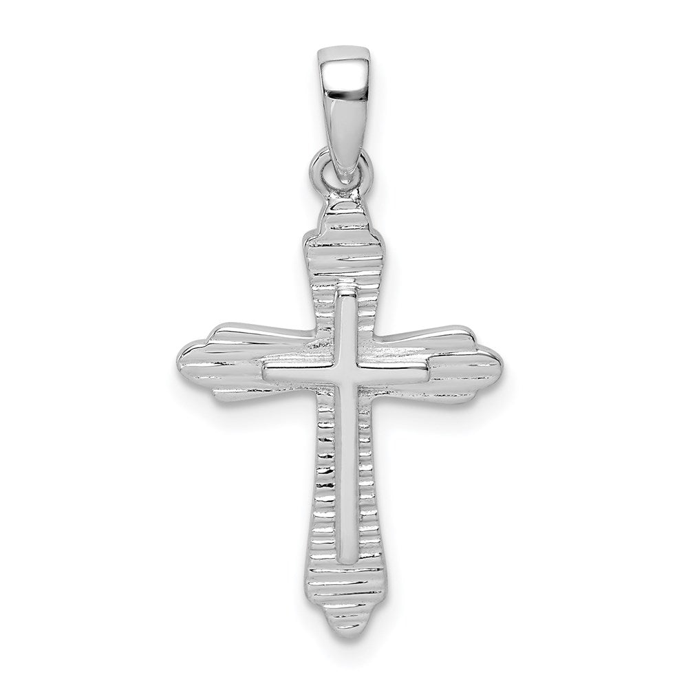 Sterling Silver Rhodium-plated Striped Texture Cross Pendant - Product Photo