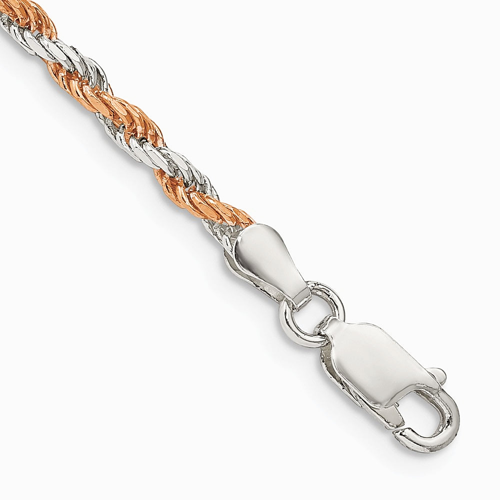 Sterling Silver And Rose Vermeil 2.5mm Diamond-cut Rope Chain Bracelet 7"-8" - Product Photo