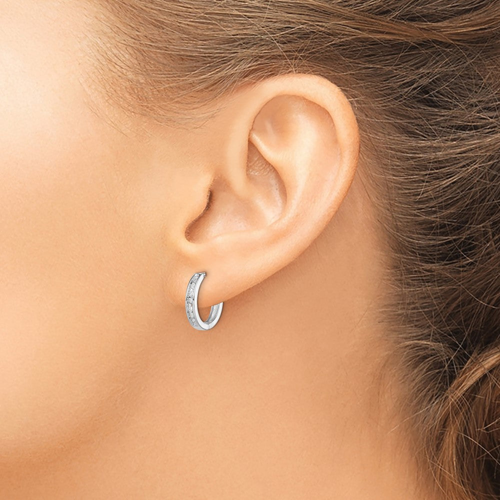 Sterling Silver Rhodium Diamond. Huggie Earrings - Product Photo