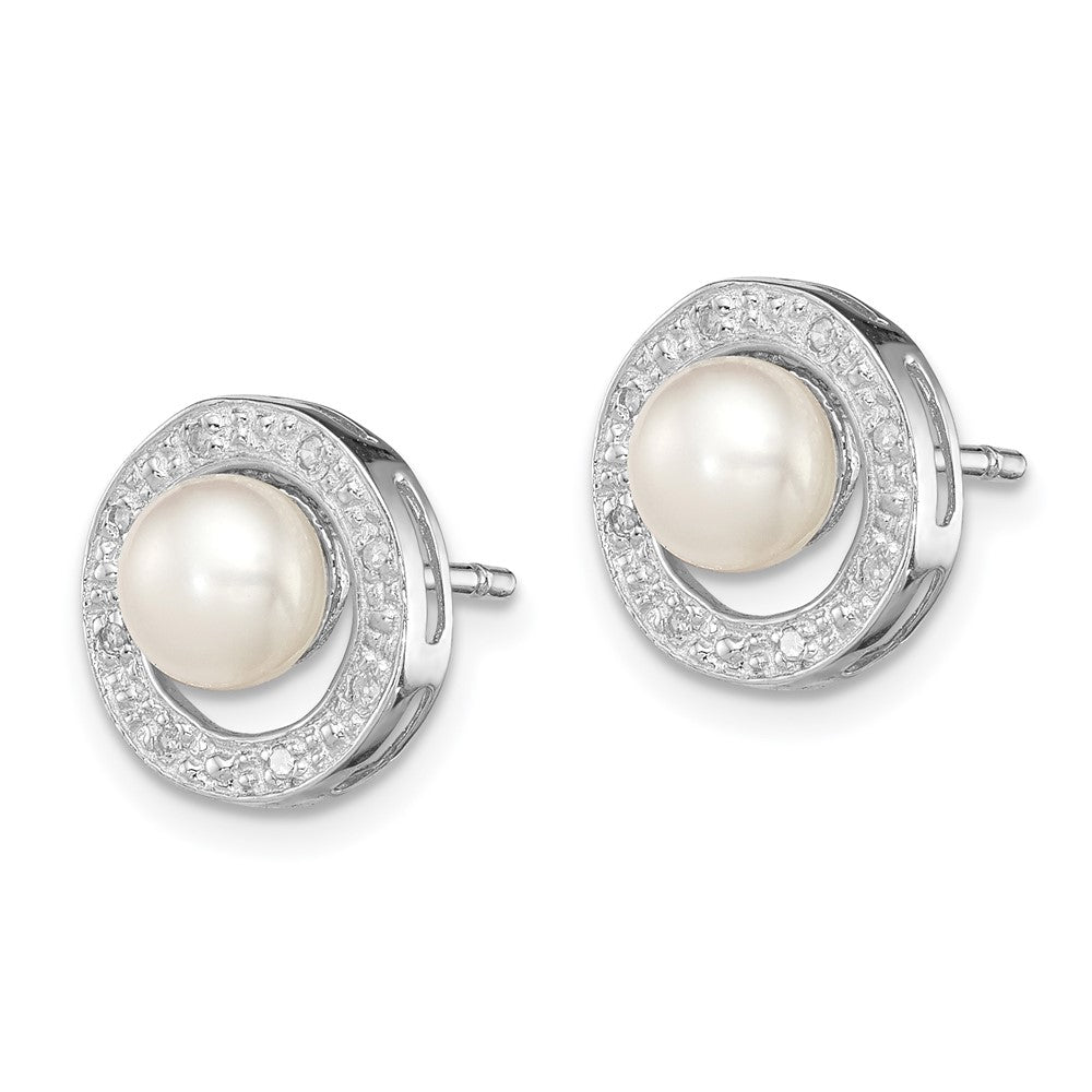 Sterling Silver Rhodium 6mm FW Cultured Pearl & Diamond Post Ear - Product Photo