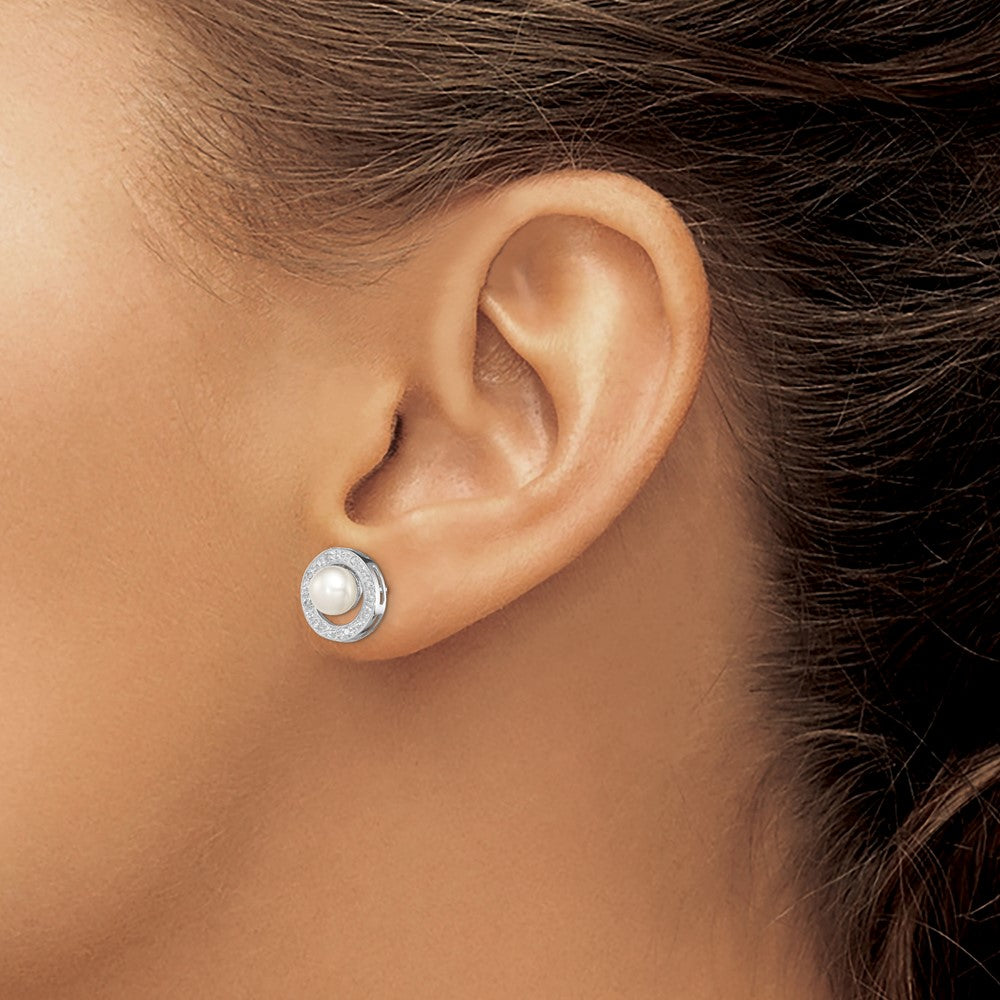 Sterling Silver Rhodium 6mm FW Cultured Pearl & Diamond Post Ear - Product Photo