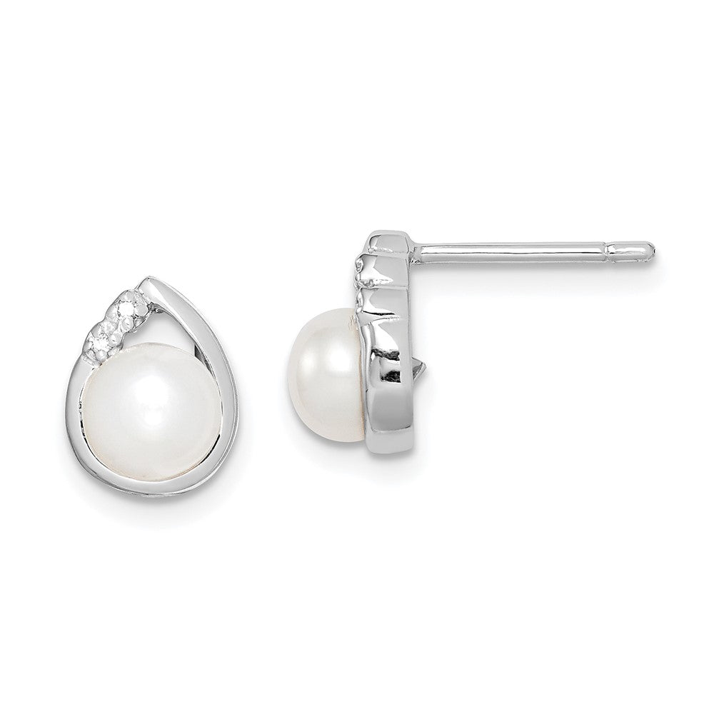 Sterling Silver Rhodium-Plated 5mm FW Cultured Pearl & Diamond Post Earrings