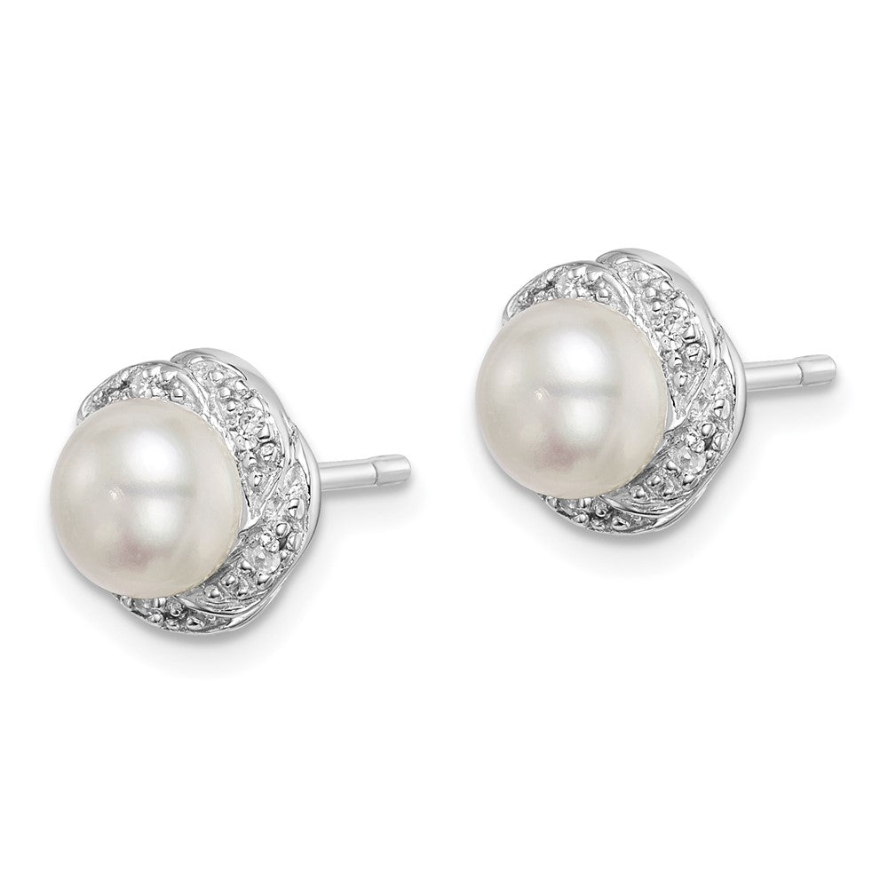 Sterling Silver Rhodium FW Cultured Pearl & Diamond Post Earrings - Product Photo
