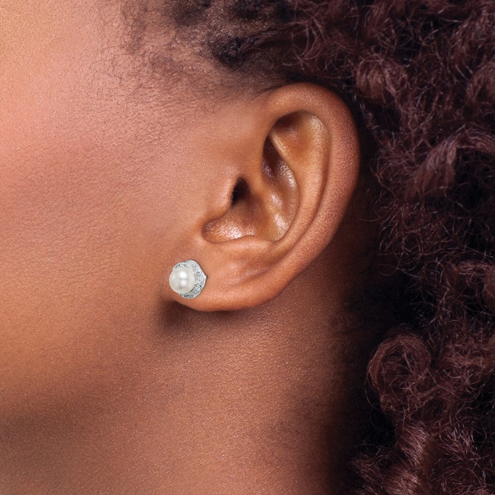 Sterling Silver Rhodium FW Cultured Pearl & Diamond Post Earrings - Product Photo
