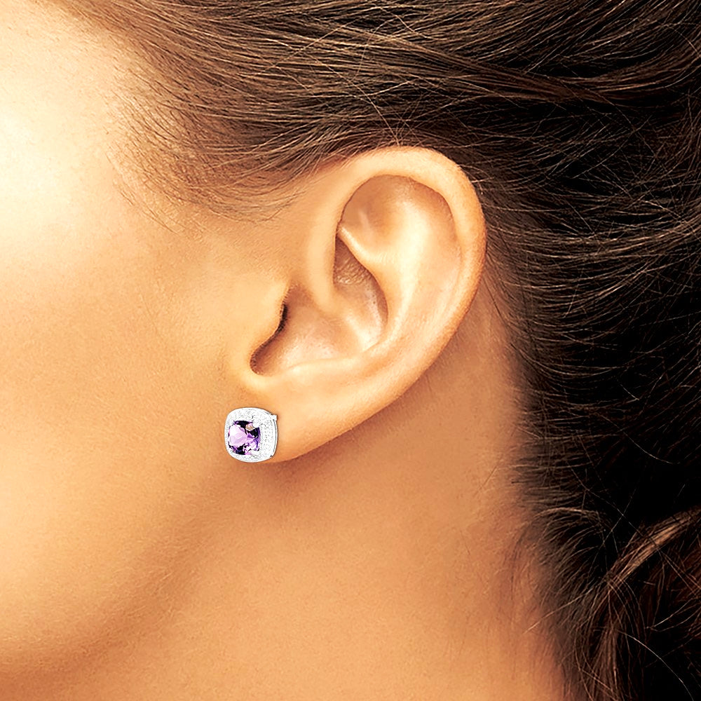 Sterling Silver Rhodium Plated Amethyst and Diamond Post Earrings - Product Photo