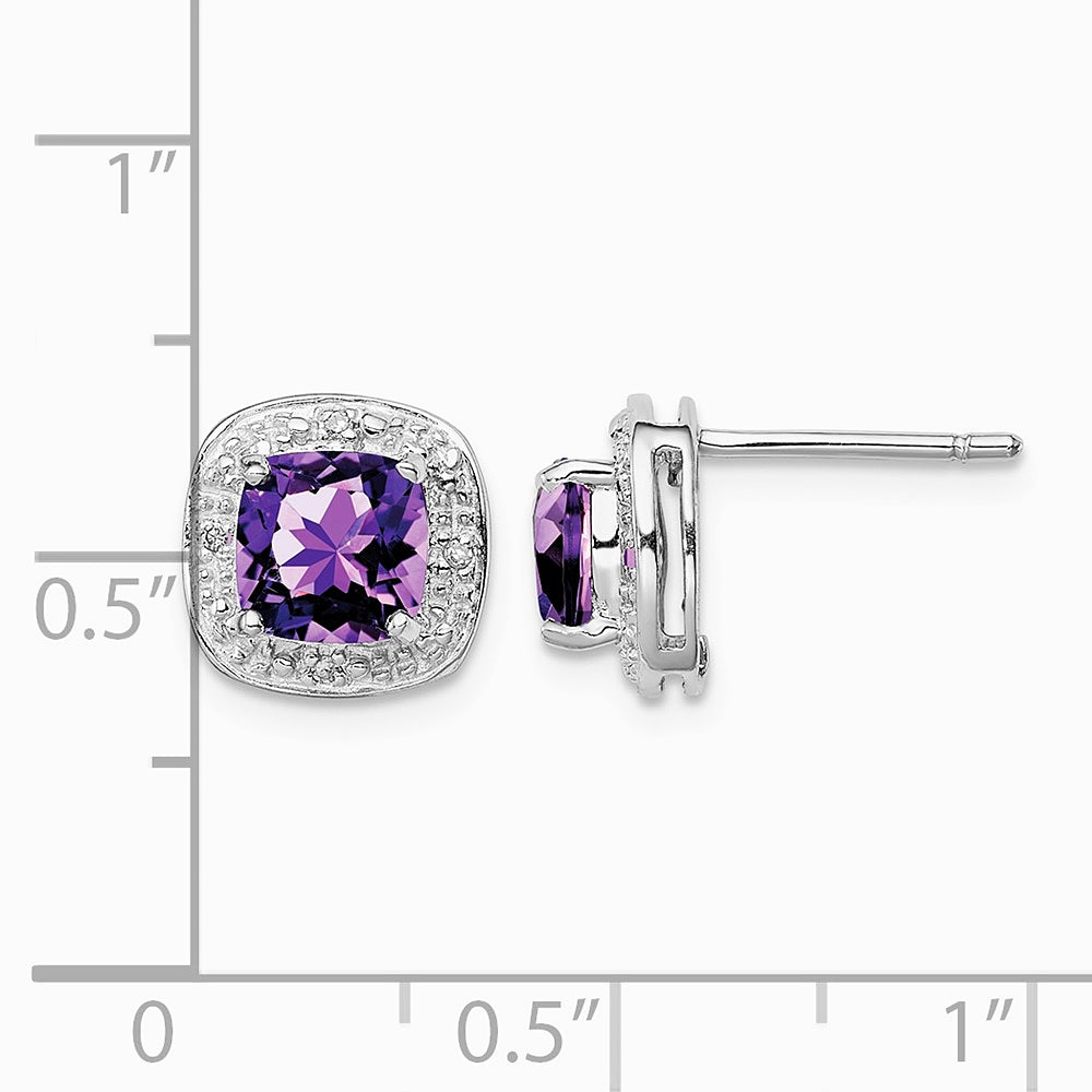 Sterling Silver Rhodium Plated Amethyst and Diamond Post Earrings - Product Photo