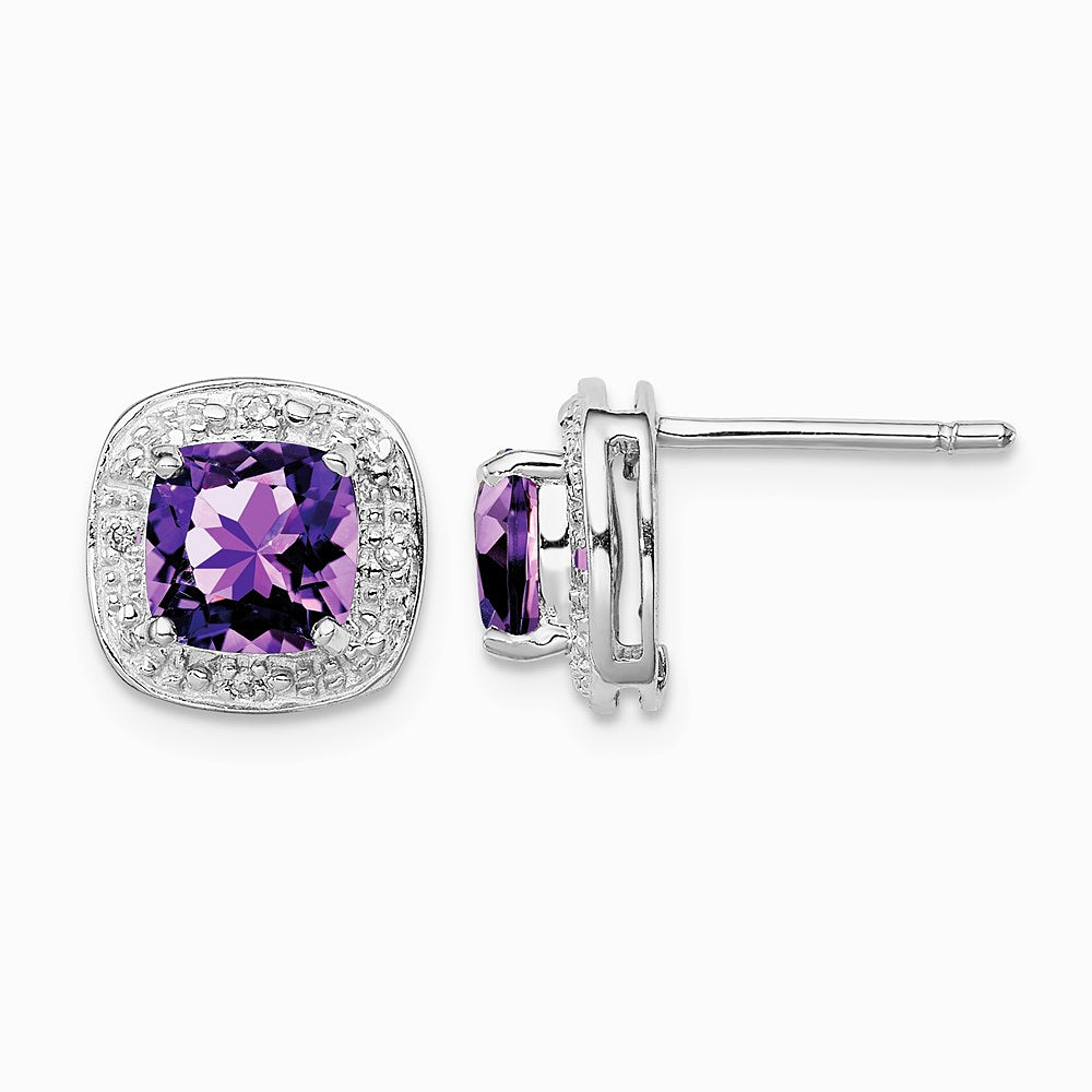 Sterling Silver Rhodium Plated Amethyst and Diamond Post Earrings - Product Photo