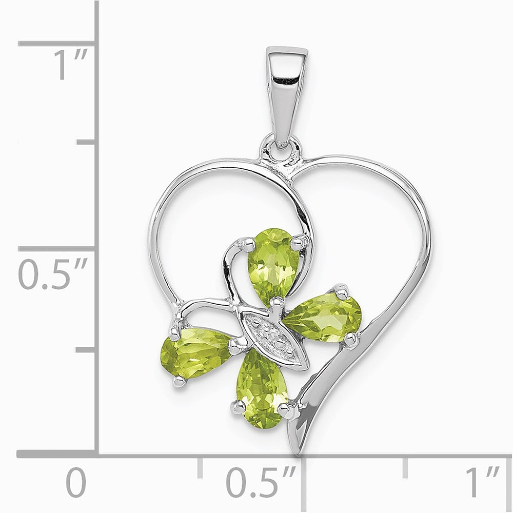 Sterling Silver RH Plated Peridot and Diamond Butterfly Heart Pendant - Product Photo