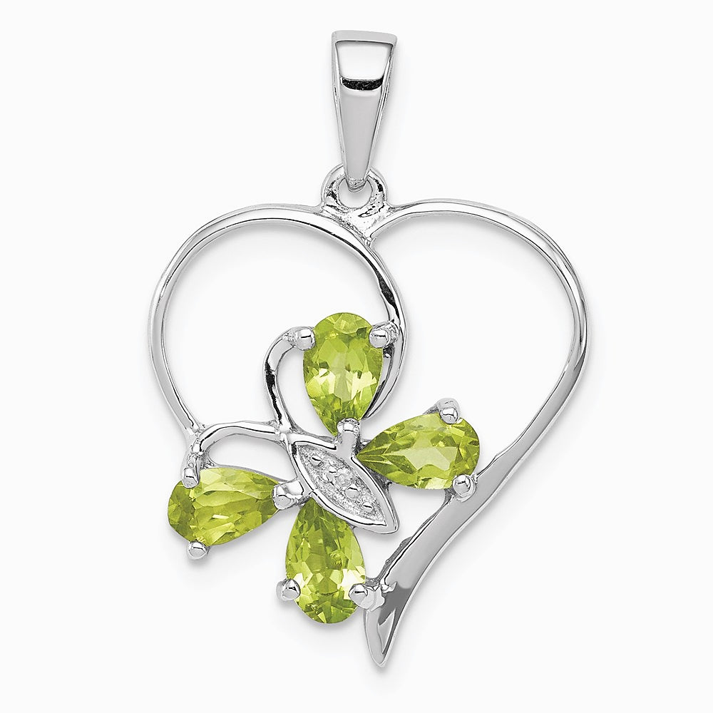 Sterling Silver RH Plated Peridot and Diamond Butterfly Heart Pendant - Product Photo