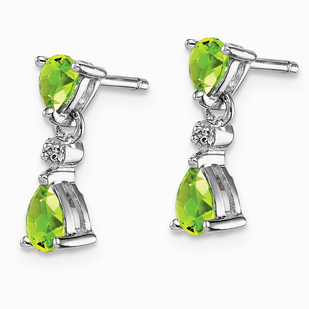 Sterling Silver Rhodium Plated Pear Peridot and Diamond Post Earrings - Product Photo