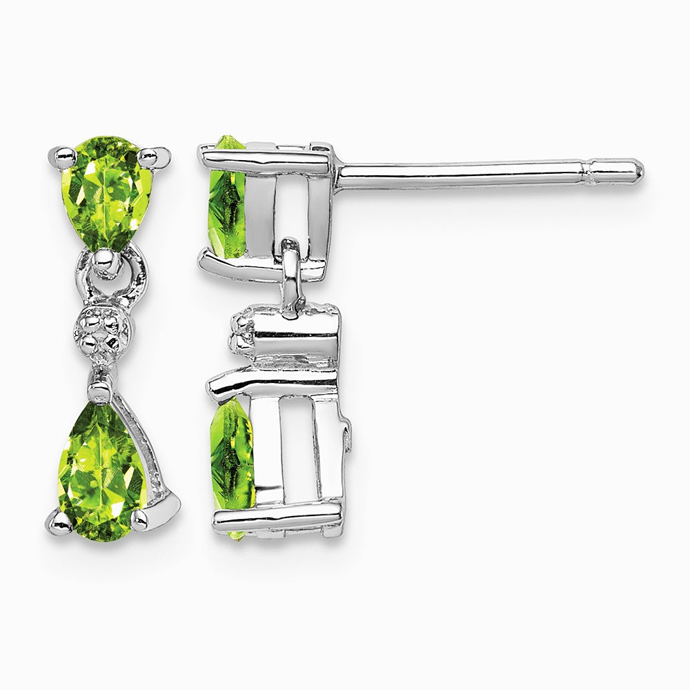 Sterling Silver Rhodium Plated Pear Peridot and Diamond Post Earrings - Product Photo