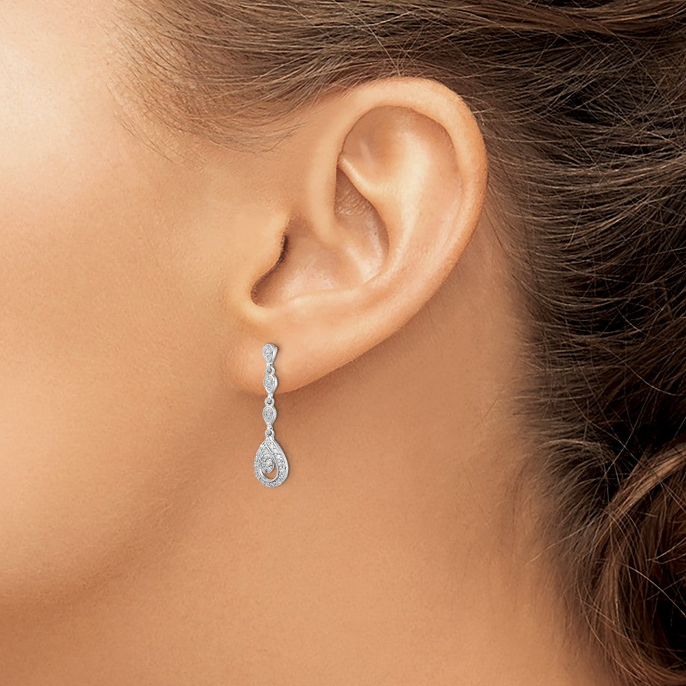 Sterling Silver Rhodium & Diamond. Teardrop Post Dangle Earrings - Product Photo
