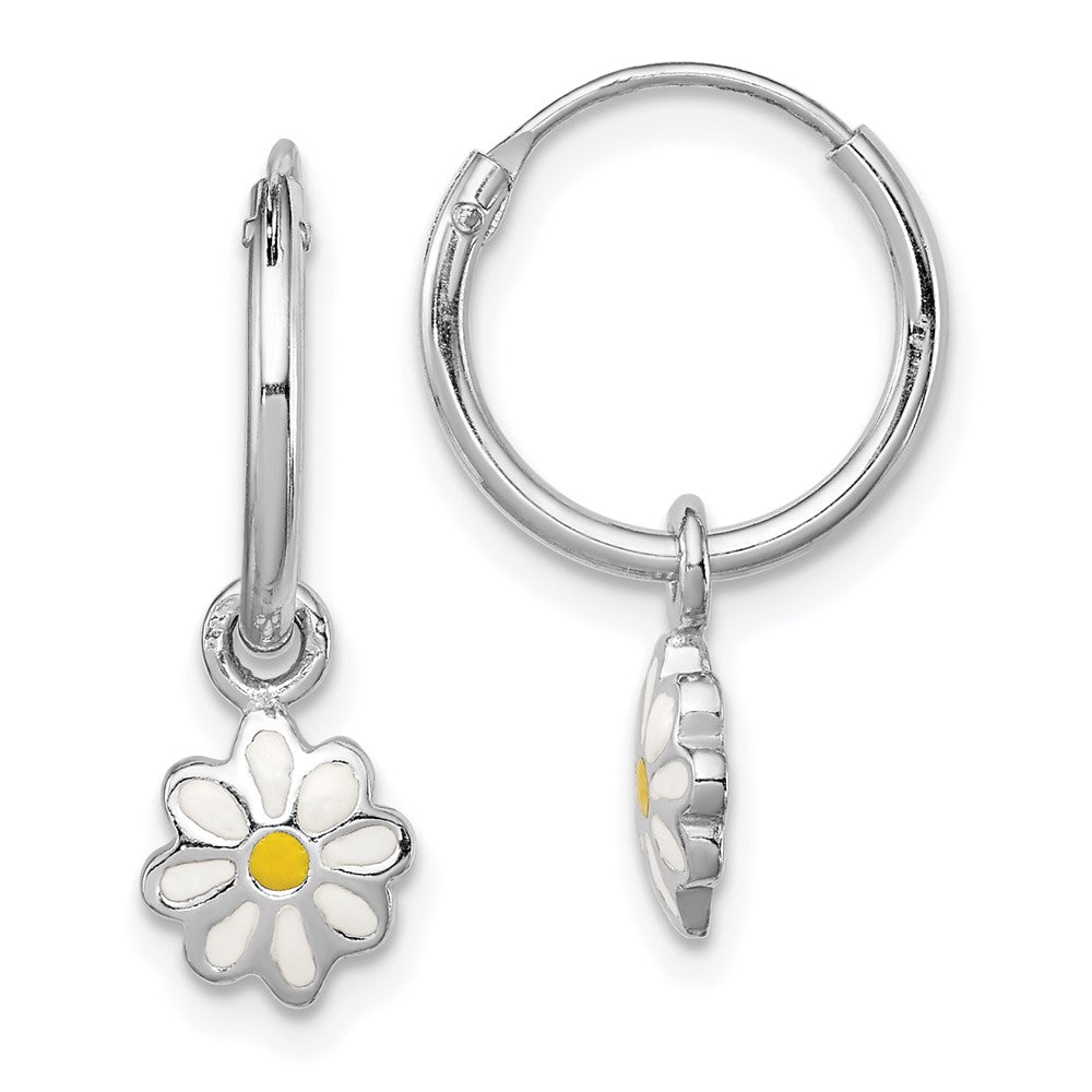 Sterling Silver RH-plated Enamel Daisy Children's Round Hoop Earrings