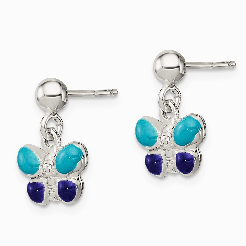 Sterling Silver Childrens Blue/Purple Enamel Butterfly Post Dangle Earrings - Product Photo