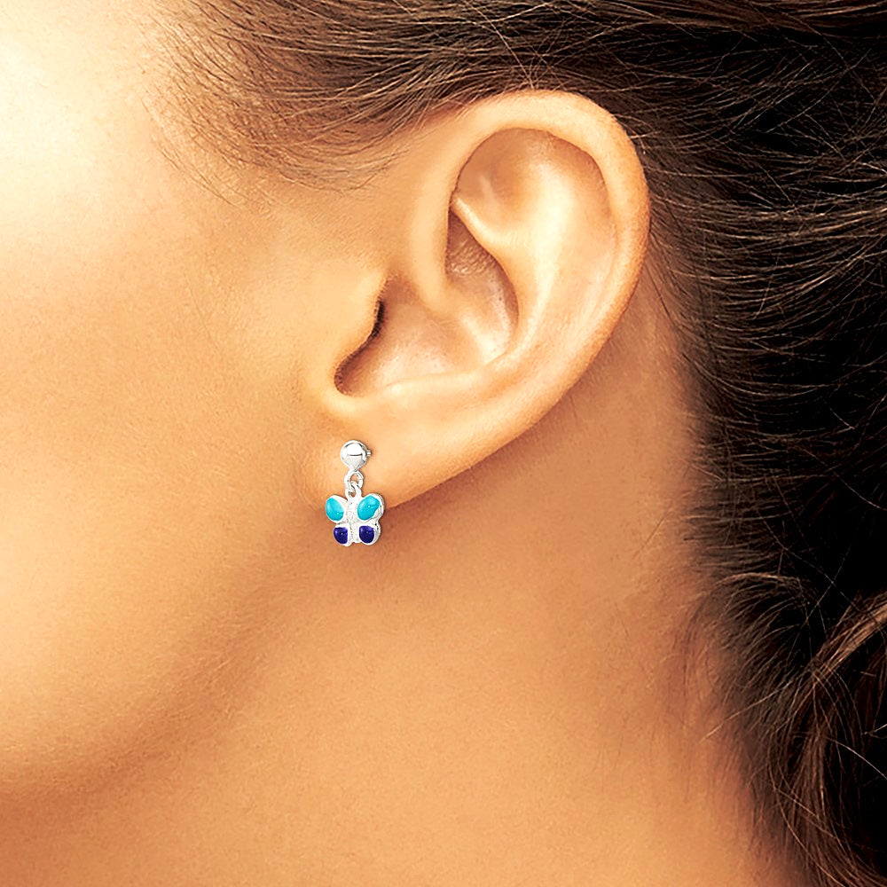 Sterling Silver Childrens Blue/Purple Enamel Butterfly Post Dangle Earrings - Product Photo