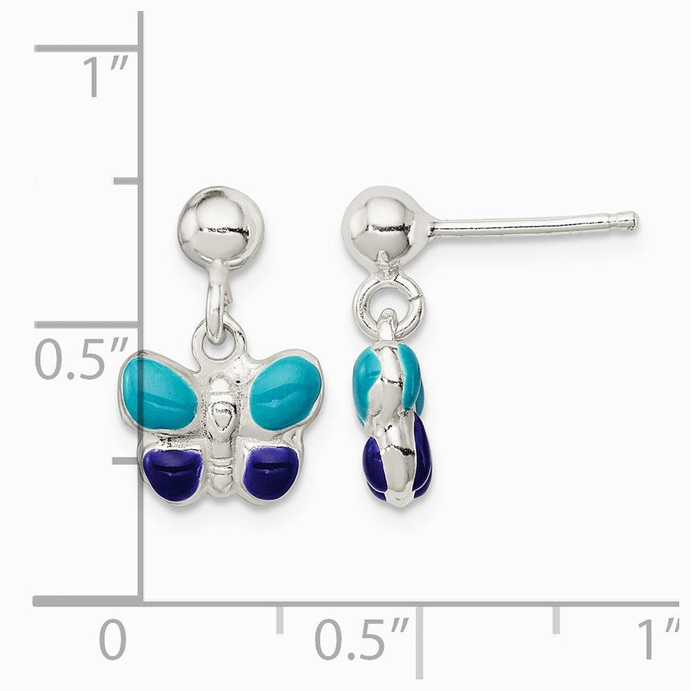 Sterling Silver Childrens Blue/Purple Enamel Butterfly Post Dangle Earrings - Product Photo