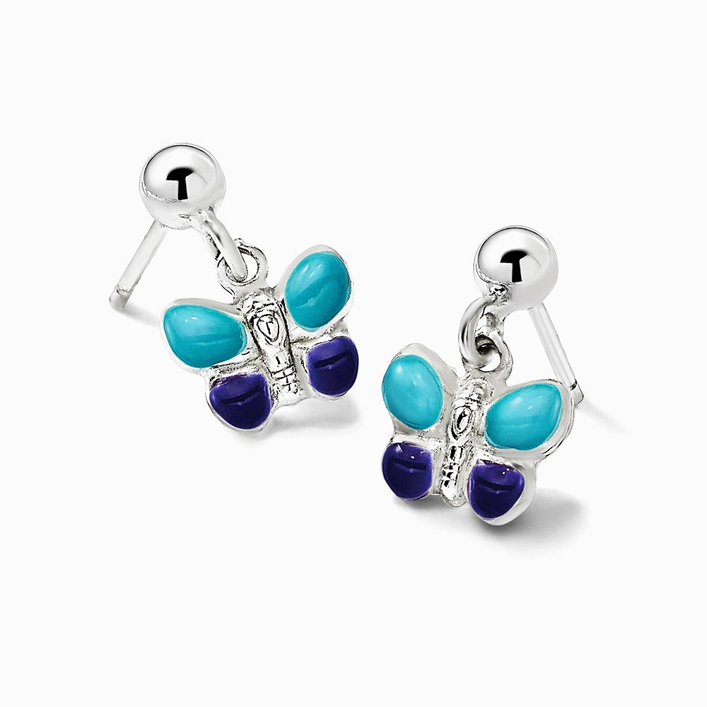 Sterling Silver Childrens Blue/Purple Enamel Butterfly Post Dangle Earrings - Product Photo